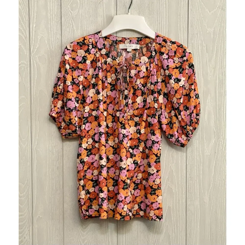 LOFT Petites Orange Purple Puff Sleeve Tie Neck Top SP